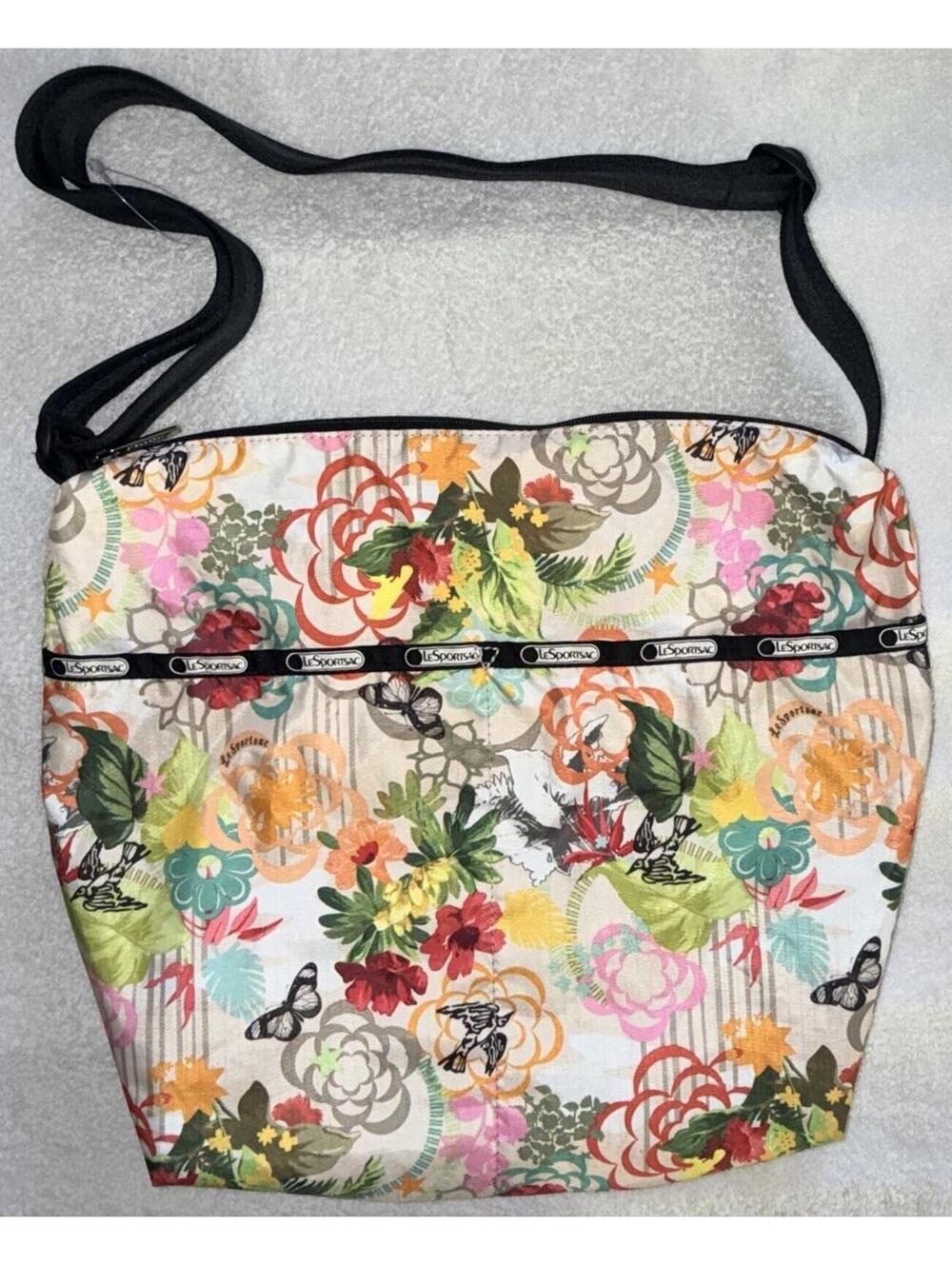Le SportSac Large Shoulder Crossbody Bag Floral Birds Butterfly Strap Purse